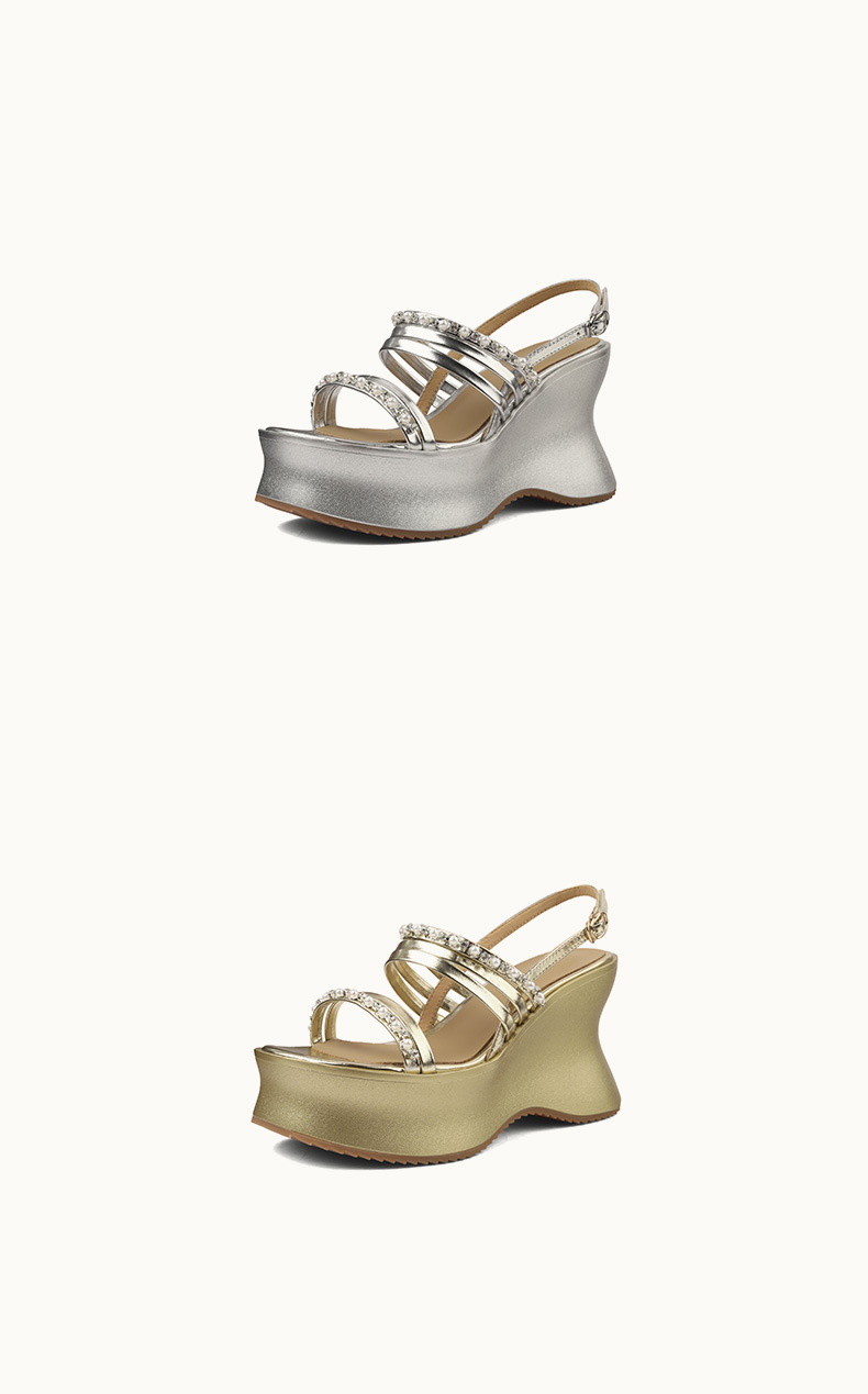 Sandal cao gót nữ quai ngang đính đá phong cách La Mã, đế xuồng dày, gót cao 9 cm — Màu vàng, Màu bạc chi tiết 9
