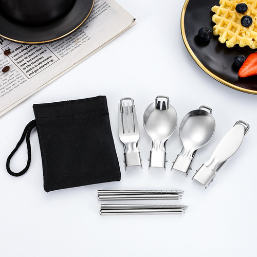 304 Stainless Steel Folding Knife Fork Spoon Chopsticks Outdoor Picnic Camping Portable Tableware Set of 5