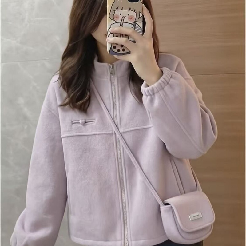 Stylish French-style purple sweatshirt jacket for women, 2026 spring, plus-size, loose-fitting, stand-up collar, zippered, short commuter jacket