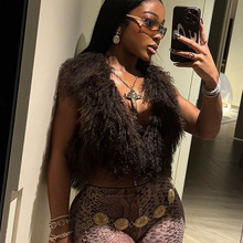 F24TP374欧美风跨境2025新款辣妹马甲时尚性感大露背毛领挂脖上衣