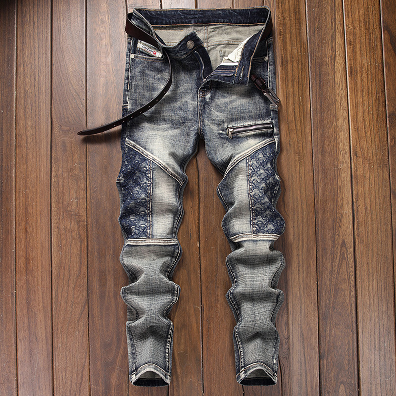 2022 Style Slim Straight-Leg Patchwork Whiskered Faded Slim-Fit Stretch Wrinkle-Pressed Men's Jeans Retro Trendy Vintage 2022 Style Slim Straight-Leg Patchwork Whiskered Faded Slim-Fit Stretch Wrinkle-Pressed Men's Jeans Retro Trendy Vintage