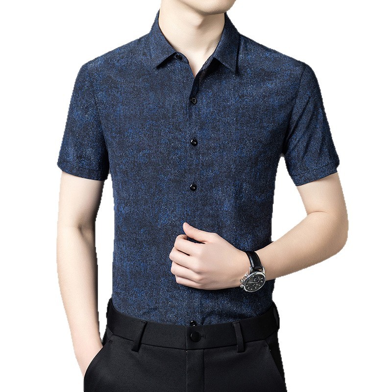 Áo sơ mi nam tay ngắn lụa tơ tằm mùa hè phong cách vintage — Xanh da trời8883