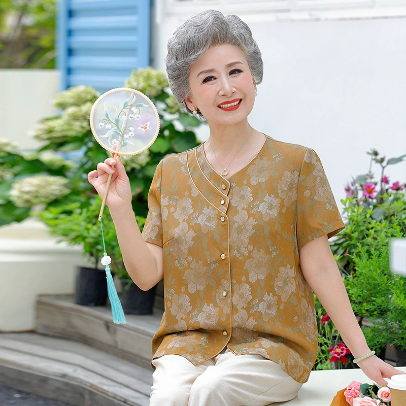 Летняя рубашка бабушки с короткими рукавами, одежда для пожилых людей, тонкая рубашка для женщин среднего и пожилого возраста, летнее платье для мамы, костюм в западном стиле.
