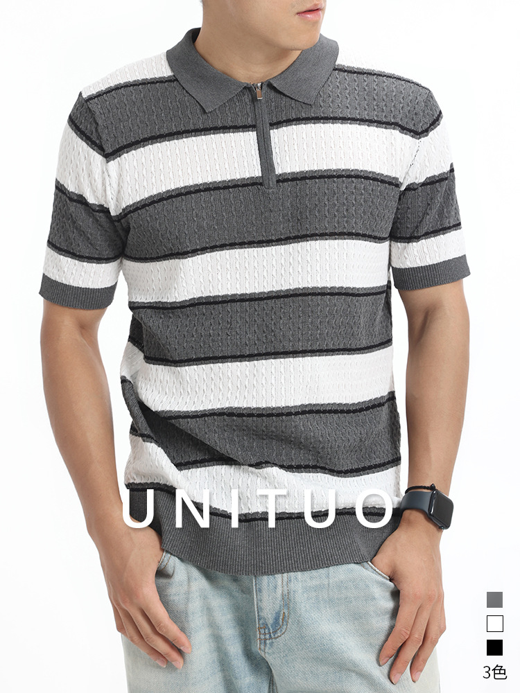La vieja camiseta de polo de punto a rayas de color antiguo con cremallera con solapa de manga corta de negocios de polo casual de alto nivel
