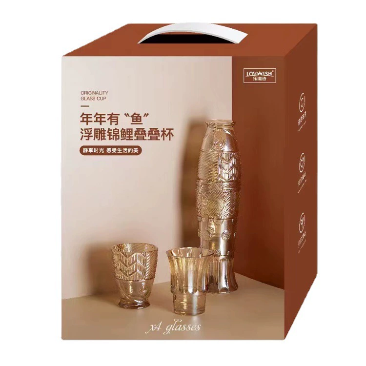 Creative tower, glass transparent amber set, 4 pieces, carp