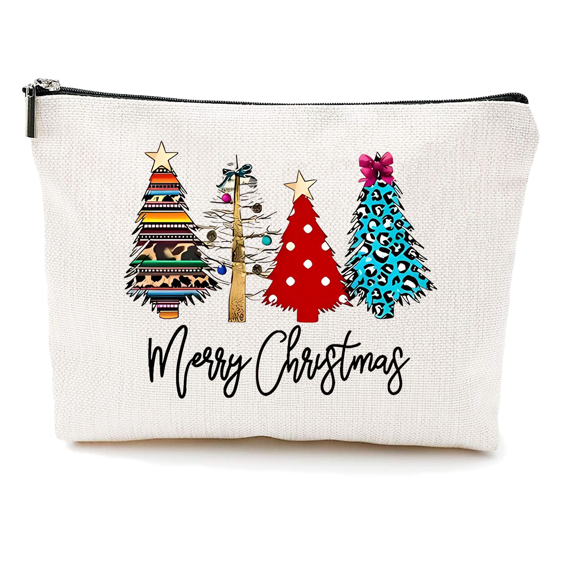 Bolsa de maquillaje transfronteriza de Amazon damas bolsas de maquillaje de patrón creativo de Navidad bolsas de almacenamiento de lino bolsa de cremallera impermeable