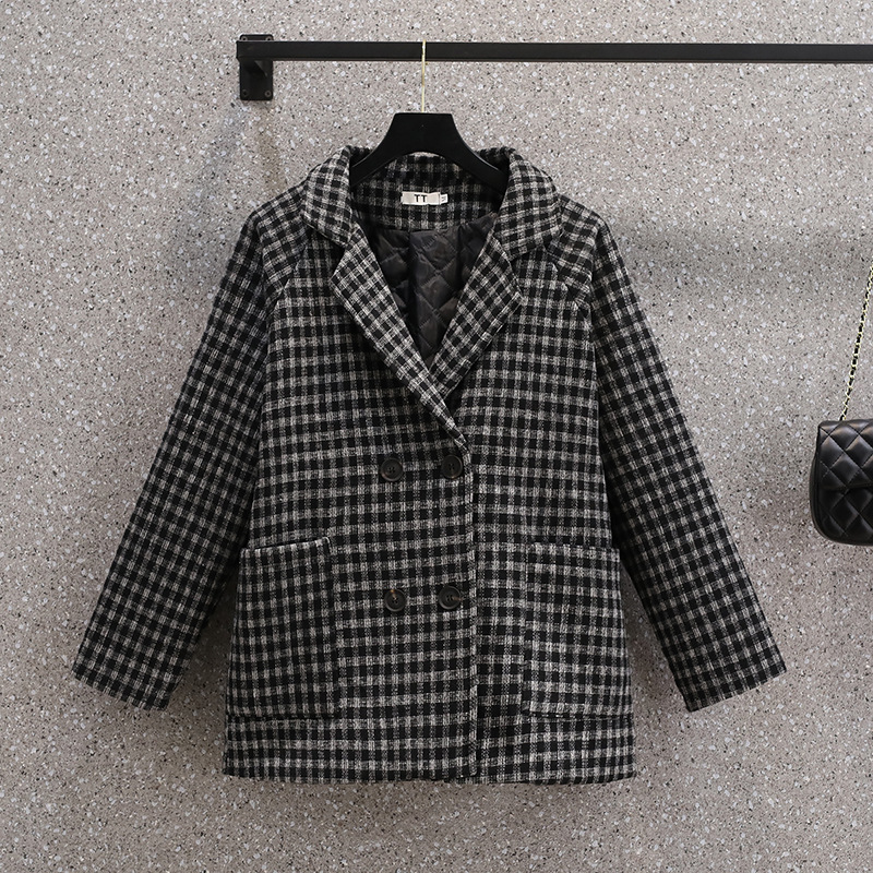 2022 Winter clothes new pattern Large Women's wear Woollen cloth overcoat Easy Cotton clip thickening lattice suit coat Mid length version