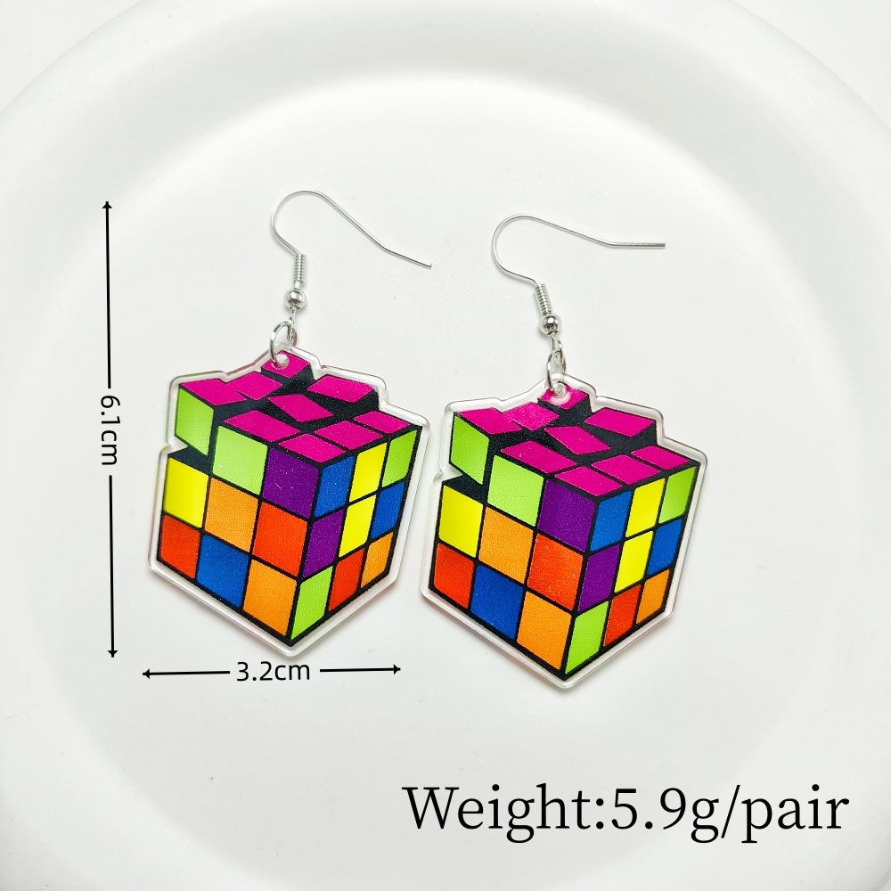 14g Weight Iron Ear Needle Material Drop Earrings Classification 1 Pair Quantity Holiday, Daily Occasion Acrylic Material Printing, Color Block, Rubik'S Cube Pattern Women's Gender Stoving Varnish Design Novelty Style 1 Pair Novelty Printing Color Block Rubik'S Cube Stoving Varnish Arylic Drop Earrings 29