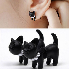 韩国复古黑色穿刺立体双面后挂式珍珠可爱小猫咪耳钉女耳环耳饰