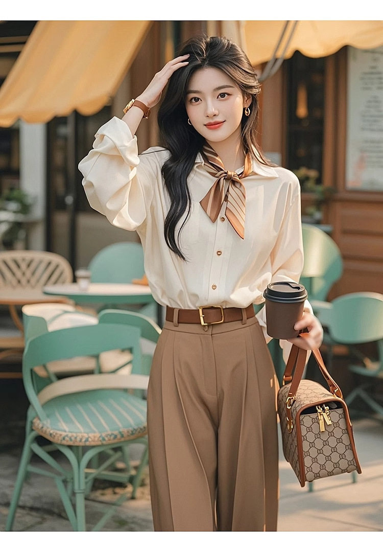 GraceChic 2025 Spring And Autumn Korean Version Ins Simple Apricot Long Sleeve Shirt Wide Leg Two-Piece Women's Professional Suit_voghion.com