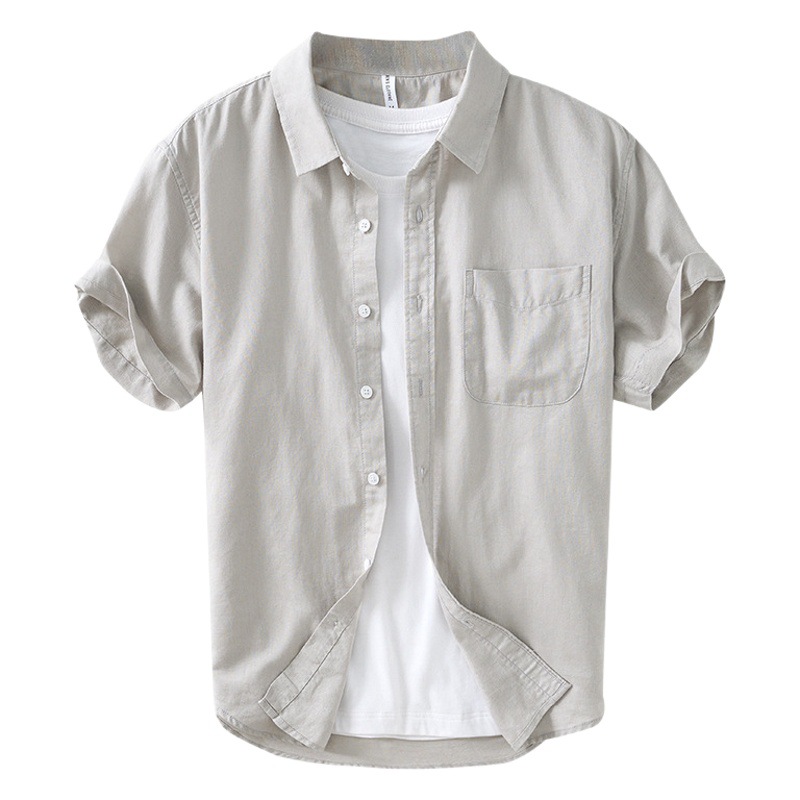 L990 artístico simple algodón y lino camisa de cuello cuadrado de los hombres de color sólido fresco casual Camisa de manga corta de los hombres de una sola pieza de entrega