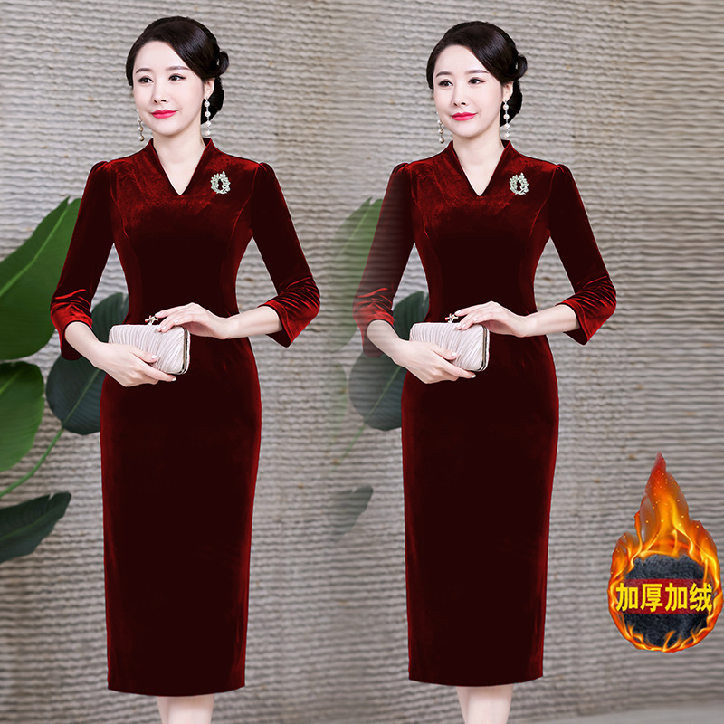 One-Piece Wholesale Thick Velvet Cheongsam Plus-Size Dress Wedding Celebration Mother-In-Law Dress Winter Dress Mother's Dress Wholesale One-Piece Wholesale Thick Velvet Cheongsam Plus-Size Dress Wedding Celebration Mother-In-Law Dress Winter Dress Mother's Dress Wholesale