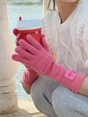 甜美可愛少女粉色針織長款手套韓國冬天防風五指保暖騎行手套ins