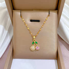 【钛钢】轻奢樱桃粉钻小清新微镶真金项链耳环ins锁骨链配饰套装