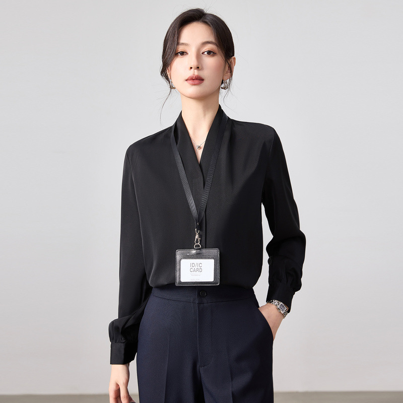 White V-neck professional shirt for women, suitable for wearing under a suit, formal attire for civil service interviews, plus-size long-sleeve chiffon top White V-neck professional shirt for women, suitable for wearing under a suit, formal attire for civil service interviews, plus-size long-sleeve chiffon top