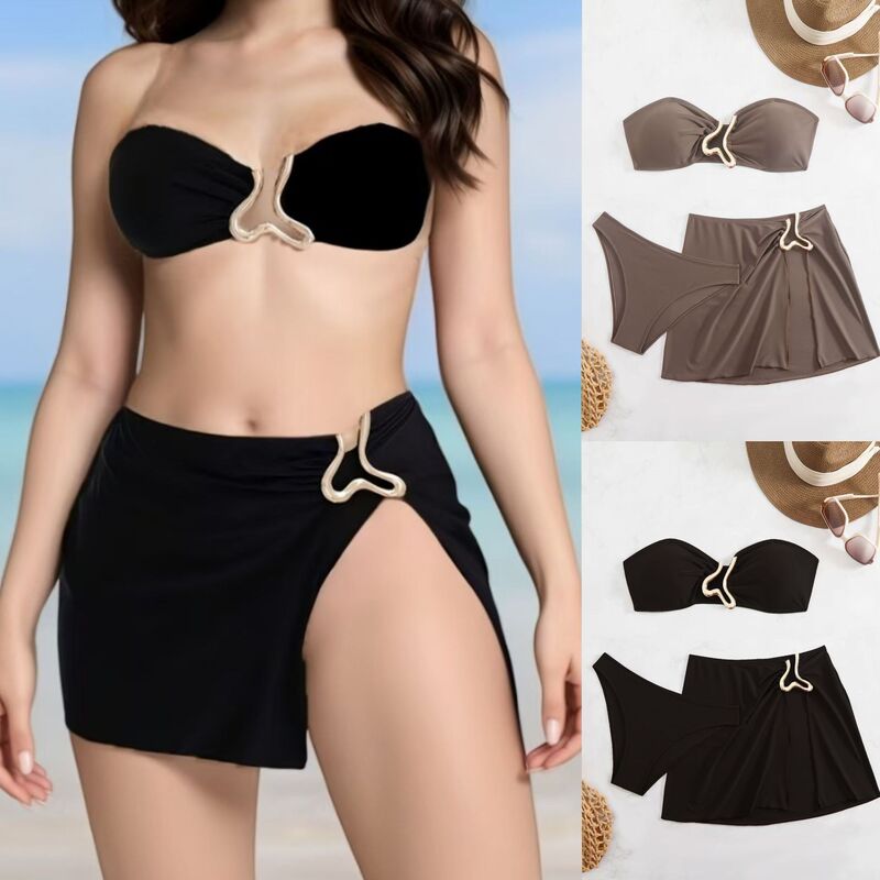 European and American Style Solid Color Three-Piece Swimsuit with Metal Accessories, Sexy Cross-Border Bikini, Bandeau Skirt-Style Swimwear for Women