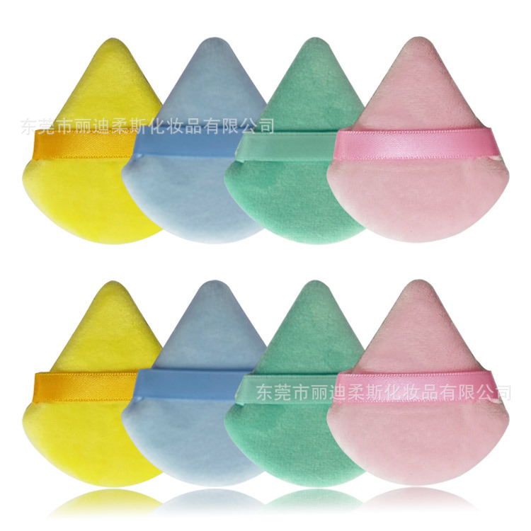 Fabricante en stock triángulo puff Suede soplo seco en forma de abanico en polvo puff maquillaje esponja en polvo pastel herramientas de belleza