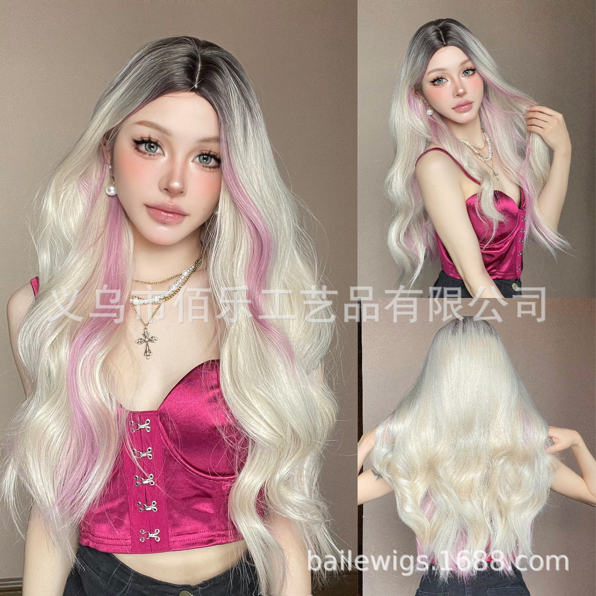 Gradiente dorado teñido rosa peluca cabello de cabello de cabello de fibra química de cabello de cabello de mujer al por mayor transfronterizo