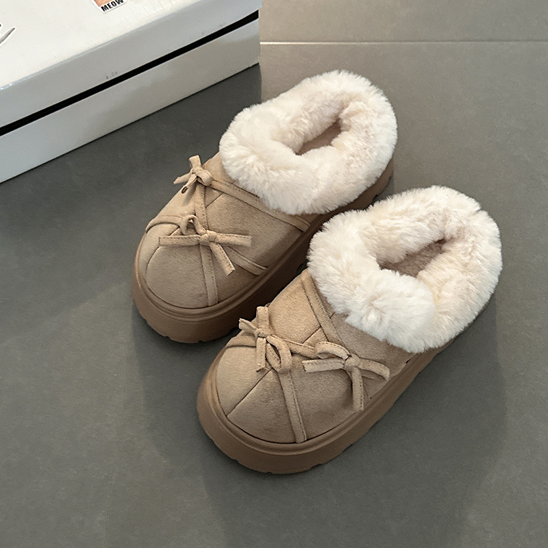 Suede Bow Retro Girls Casual Slippers Warm Autumn and Winter Fashion Design Outer Wear Baotou Cotton Slippers