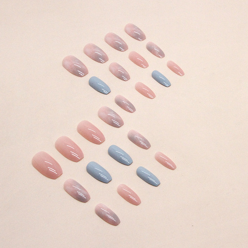 Short ballet pink and blue contrasting marble pattern blooming manicure glacier jelly summer fresh wearable false nails