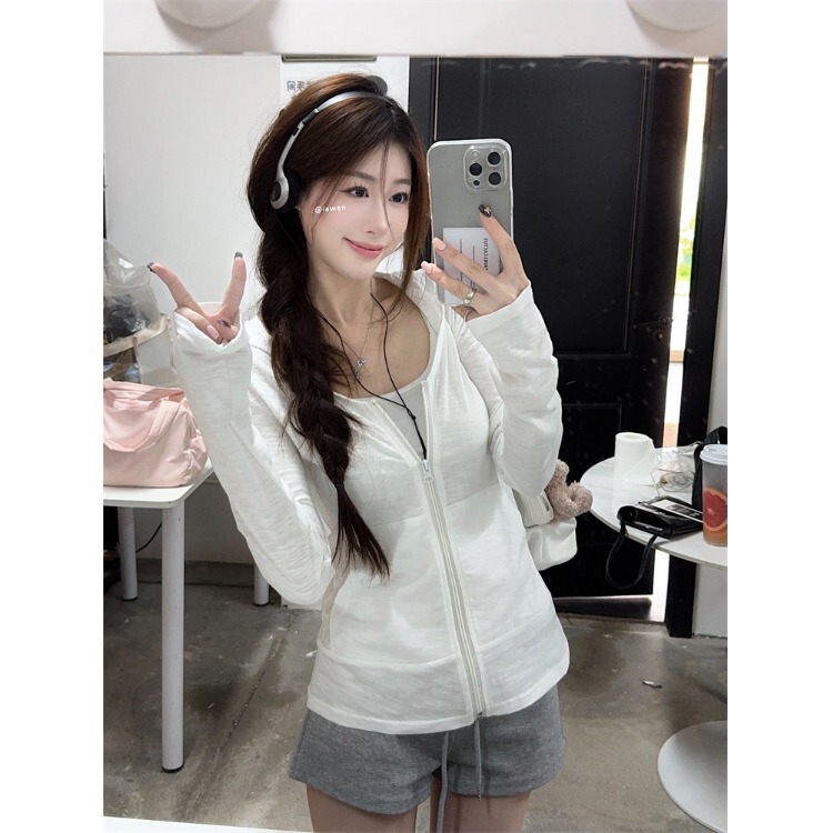 Summer Thin Solid Color Simple Design Hooded Sun Protection Jacket Lazy Style Slim Fit Zipper Cardigan Top Trendy Summer Thin Solid Color Simple Design Hooded Sun Protection Jacket Lazy Style Slim Fit Zipper Cardigan Top Trendy