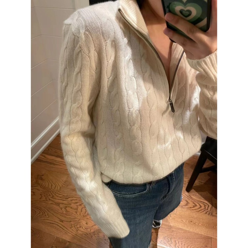 Rl Ralph Lauren Pony Logo Half-Zip Wool Sweater Wool Version Women's Cable Knit Sweater Unisex Old Money Style Knitwear