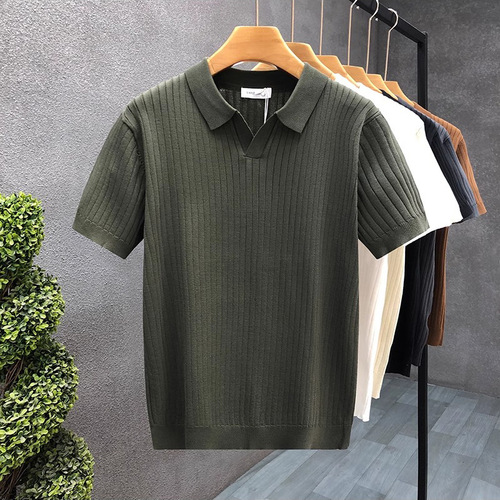 POLO Shirt V-Neck Short Sleeve Knit Shirt Men's Collar Seagull Collar Striped Business T-Shirt Trendy Plus Size Foreign Trade Cross-Border Wholesale