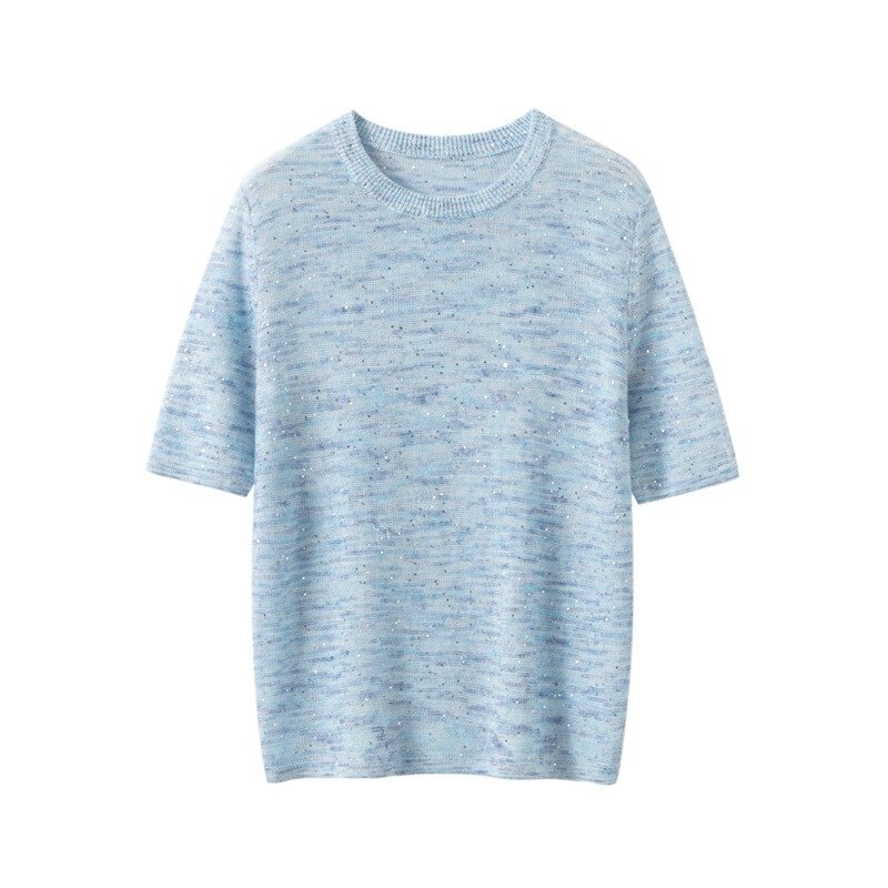 Spring and Summer New Style Round Neck Sequined Knitwear T-Shirt for Women, Loose and Versatile Short-Sleeved Women's Fashion Top