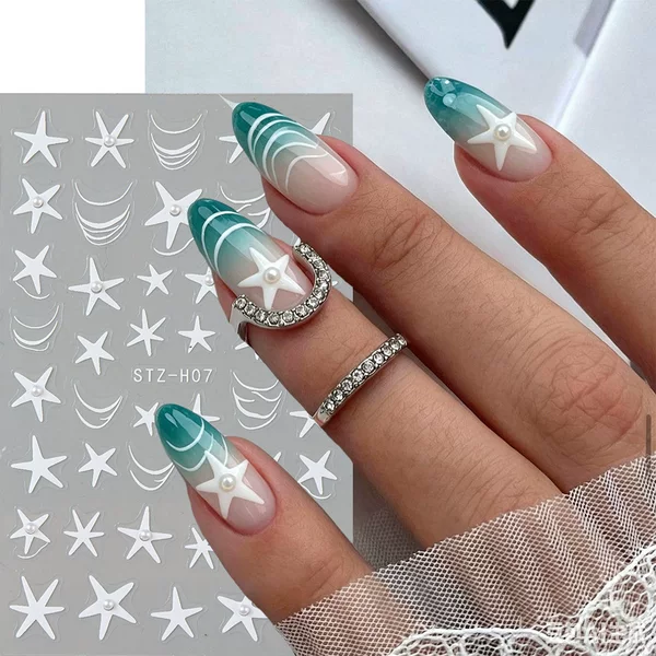 Cross-Border New Nail Art Stickers Ins Summer Ocean Style White Starfish with Pearl Adhesive Nail Stickers Wholesale
