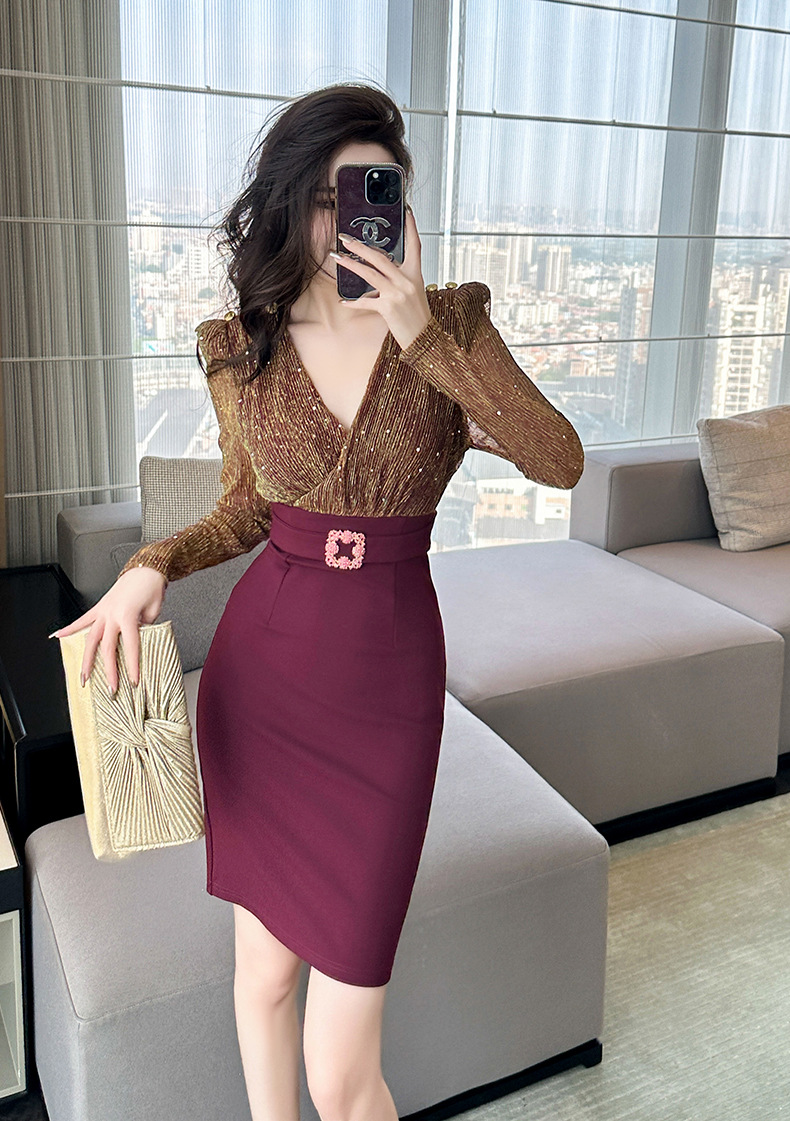 Váy bodycon cổ chữ V ôm eo giả hai mảnh phong cách trưởng thành — Màu vàng táo tàu chi tiết 1