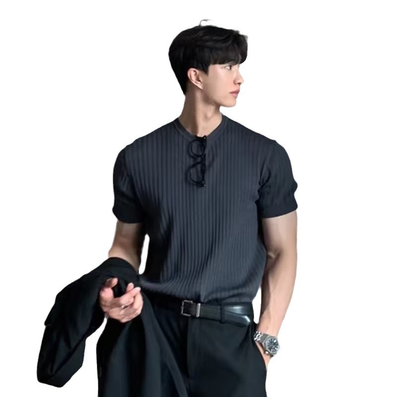 Verano nuevo estilo europeo y americano delgado suéter de punto de manga corta camiseta de negocios moda cuello redondo rayas comercio exterior envío transfronterizo