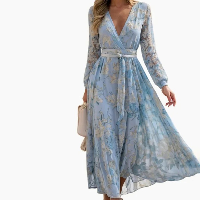2025 European and American Women's Clothing Chiffon Floral Dress Women's Fashionable Long-Sleeved Collar French Long Skirt Spring Dress