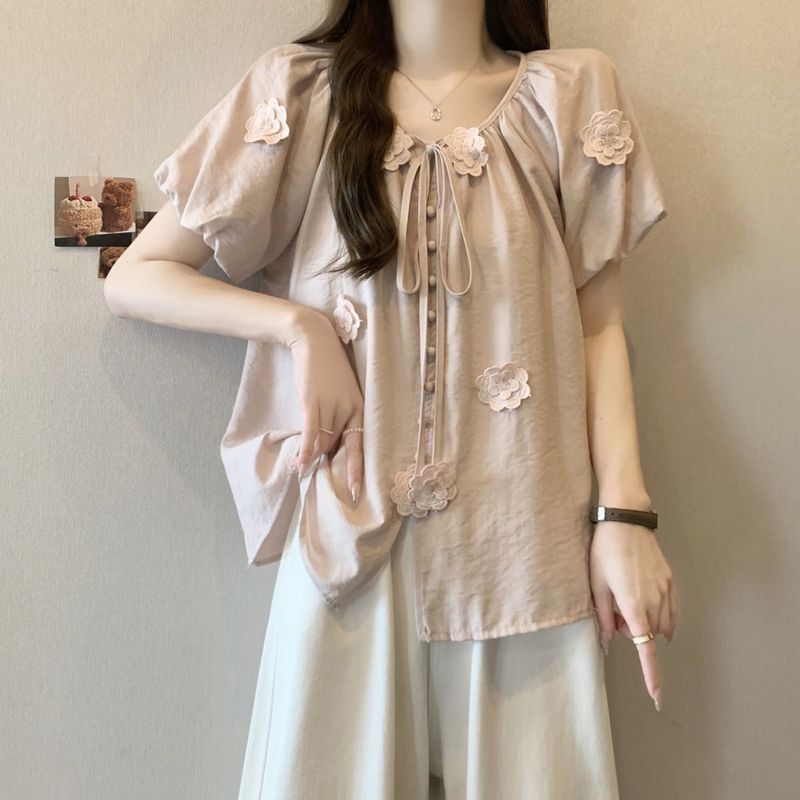 大码泡泡袖立体花朵粉色短袖衬衫女夏季新款胖mm宽松显瘦减龄上衣|undefined
