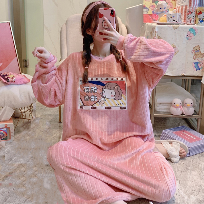 Pijama de lana de coral, pijama de lana de coral largo de invierno para mujeres, franela y lana gruesa, vestido grande, ropa para el hogar