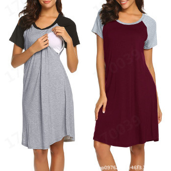 Foreign trade maternity clothes Amazon explosion round neck short sleeve breast-feeding opening color matching pregnant women dress pajamas