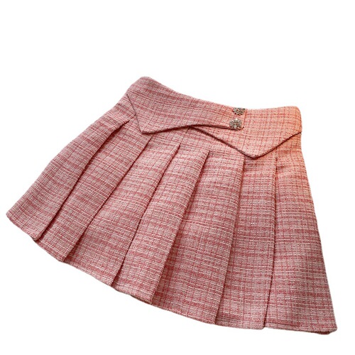 Girls' small fragrant pleated skirt spring and autumn new Korean style elastic high-waist floral diamond tweed A-line plaid skirt