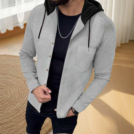 2025亚马逊wish速卖通秋季男士华夫格单排扣连帽休闲开衫外套