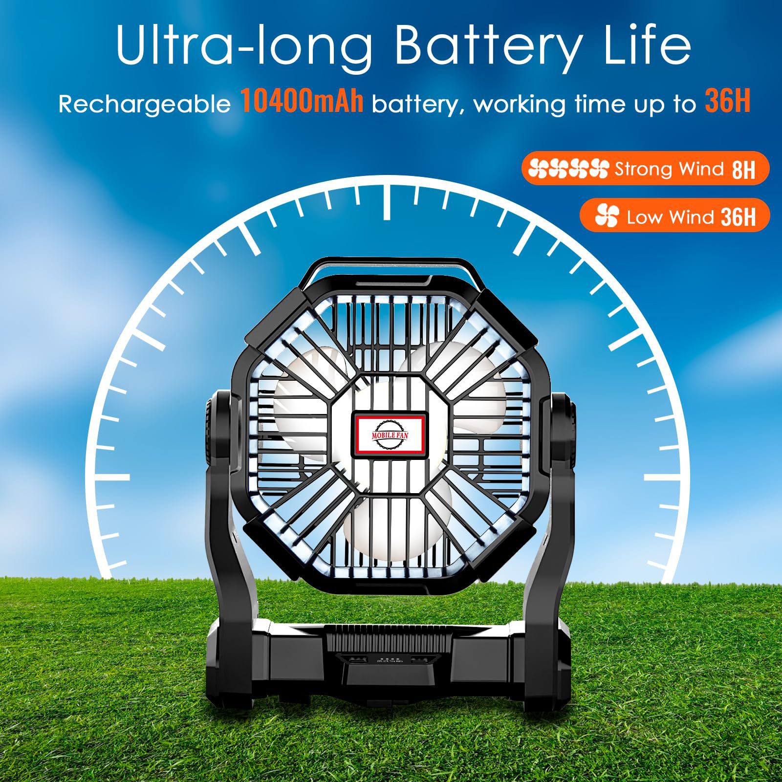 Ventilador para Tienda de Campaña USB Recargable con Luz LED y Gancho para Camping