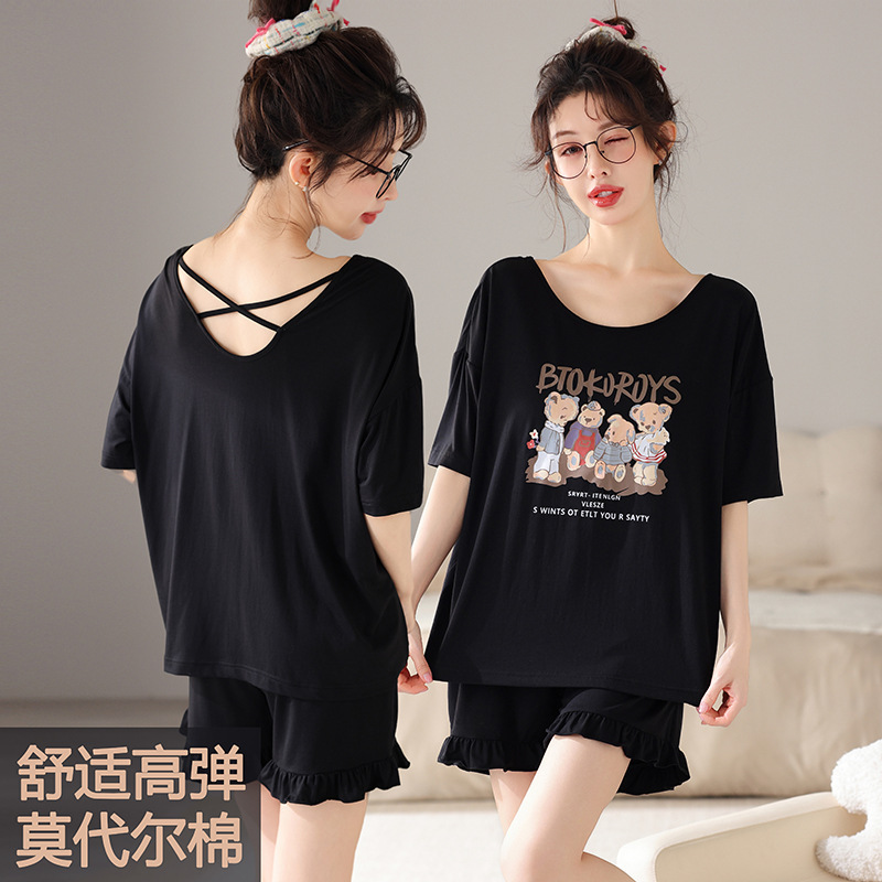 Summer Pajamas Women's Modal Cotton Short-sleeved suit Plus Size Large Size Sleeping Cartoon Thin Outer Wear Home Clothes