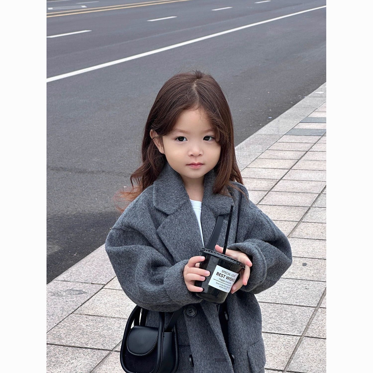 Children's stylish thick woolen coat, Korean style, for older children, new autumn and winter model, medium-long gray woolen coat
