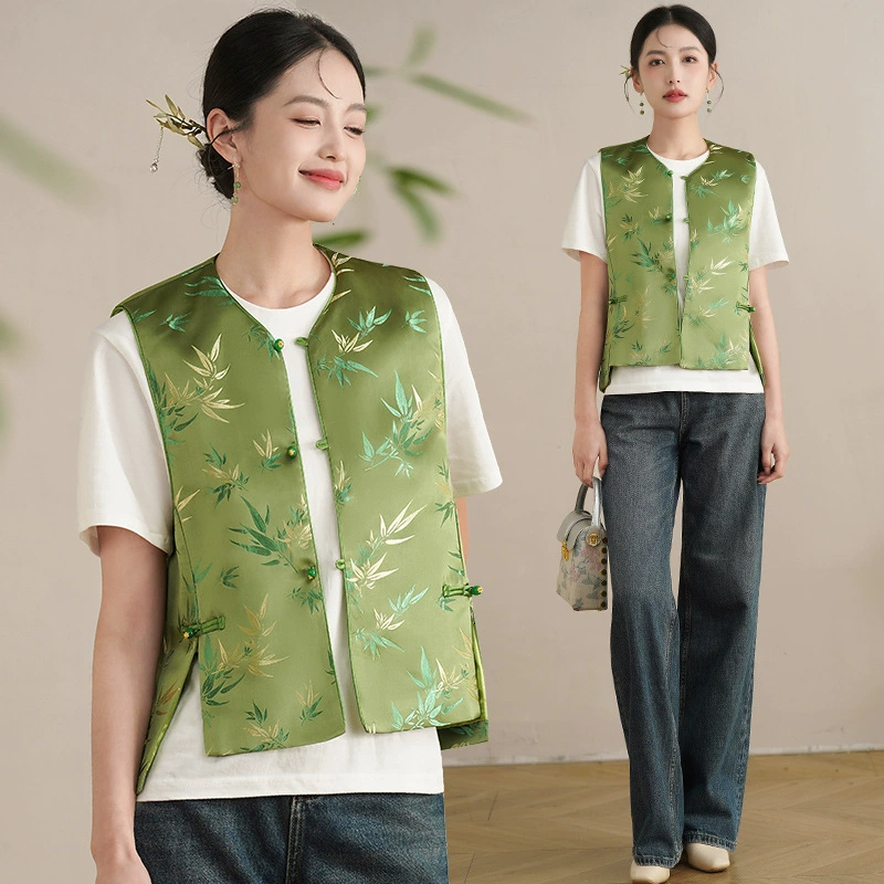 Легкий экстравагантный национальный прилив темперамент легкий национальный ветер зеленый бамбуковый лист жаккард жилет женский жакет кардиган