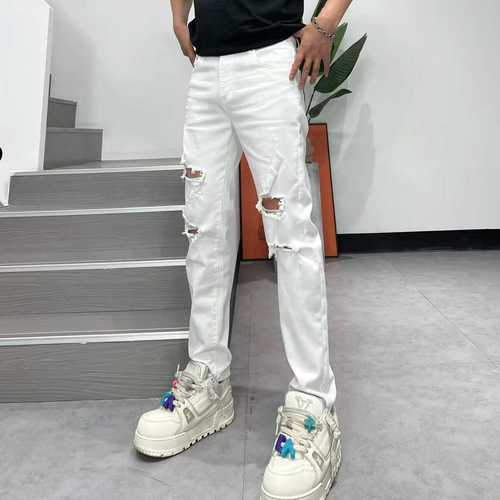 2024 Summer New Holey Denim Jeans for Men Trend Brand Slim Straight 9-Hole Pants Korean Style Fashion Matchable Long Pants