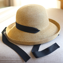 日本纸草卷边可折叠飘带丝带渔夫帽遮阳帽防晒沙滩帽女海边草帽
