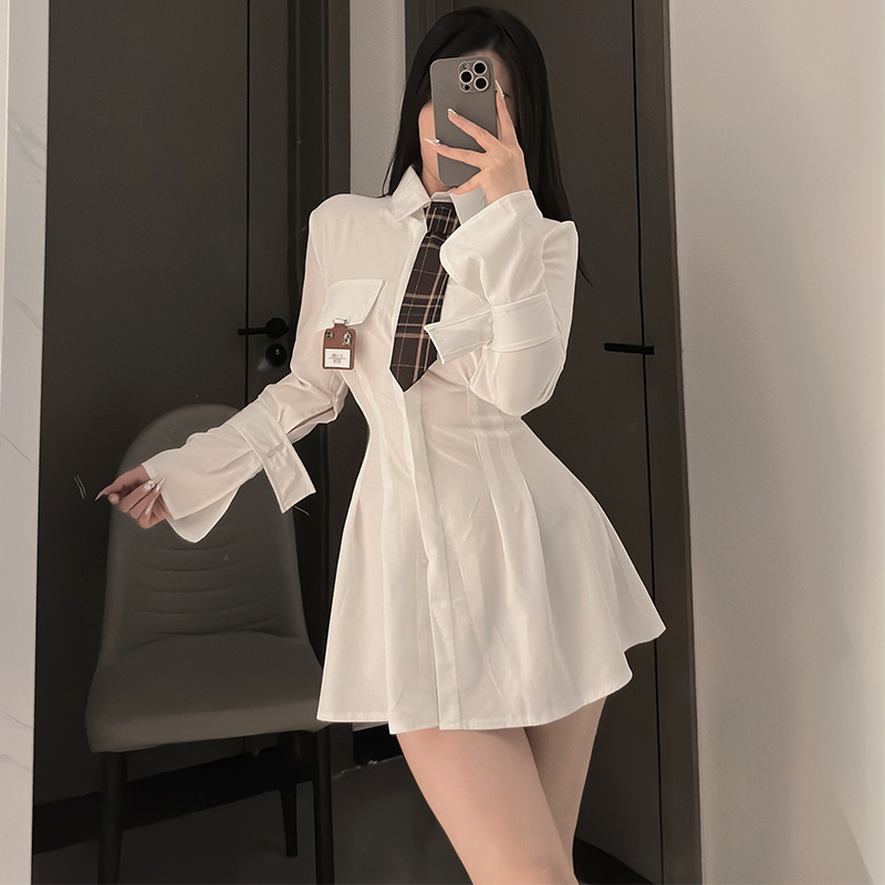 Sexy Lingerie Pure Long Sleeve Shirt dress Sexy Tight Waist Slimming Hip Covering Academic Uniform Temptation suit