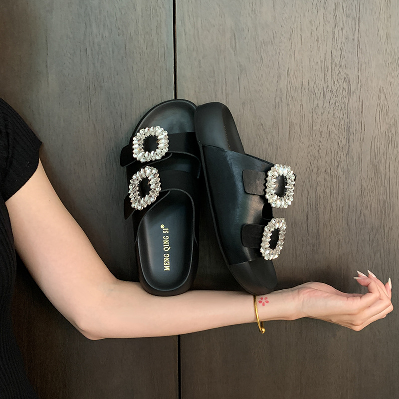 Square Buckle Rhinestone Genuine Leather Double Strap Small Thick-Soled Slippers for Women Summer Outer Wear Heightening Poop Feeling Small Size 32 Half Slippers