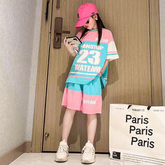女童2024夏季新款兒童網紅印花數字拼色短袖中大童運動籃球服套裝
