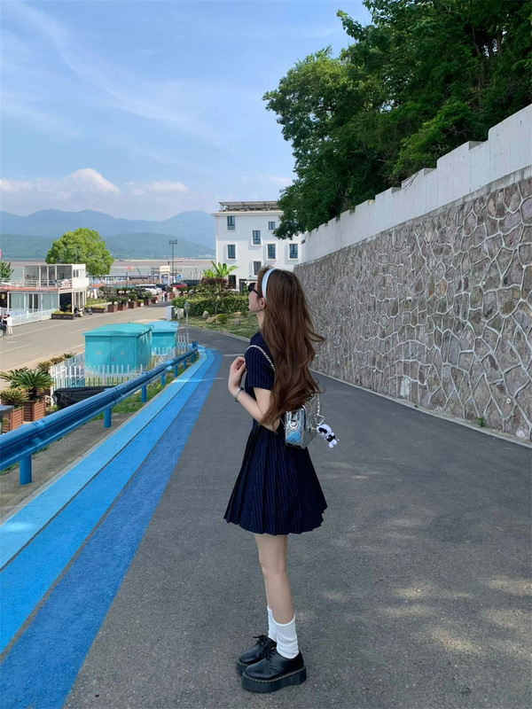 小个子条纹POLO领百褶短袖连衣裙女夏季2025新款收腰A字显瘦短裙|undefined