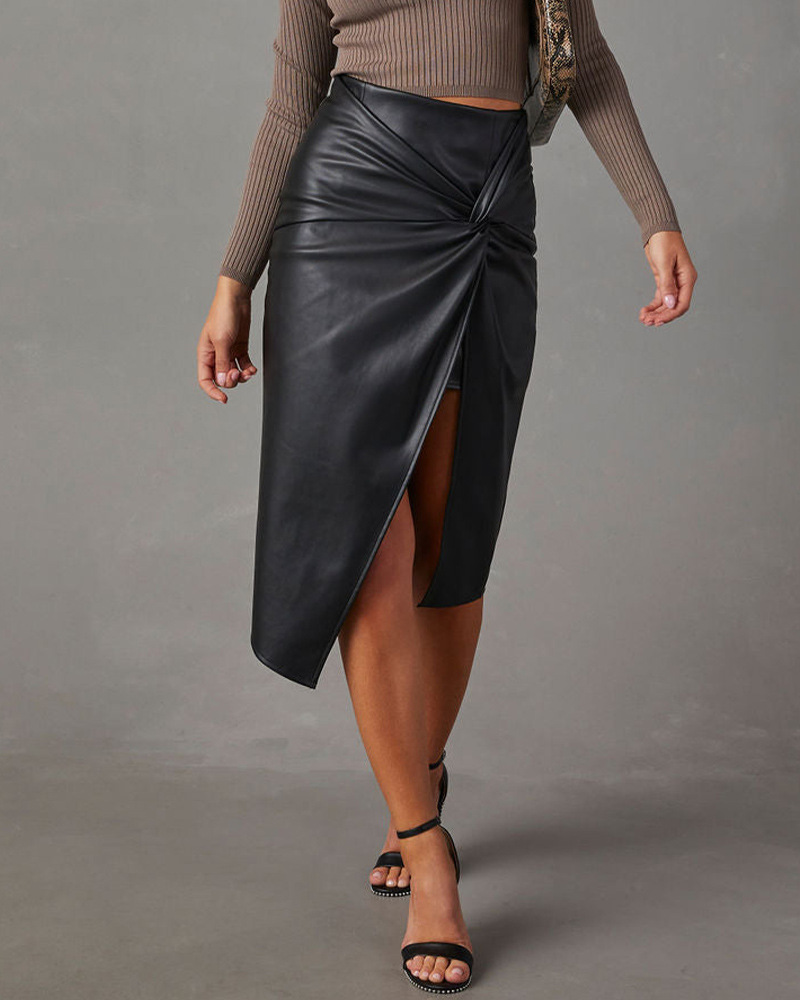 Autumn Sexy Solid Color Pu Polyester Midi Dress Skirts display picture 5