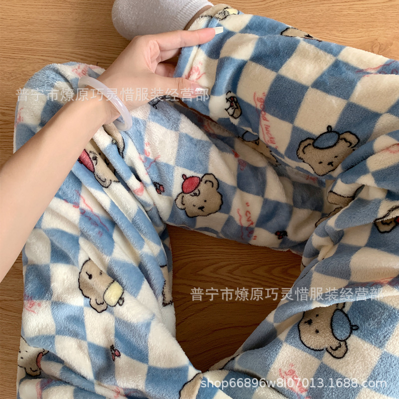 Pantalones de pijama de franela de coral de dibujos animados, pantalones de pijama de hombre, pantalones de invierno de otoño de mujer, pantalones caseros