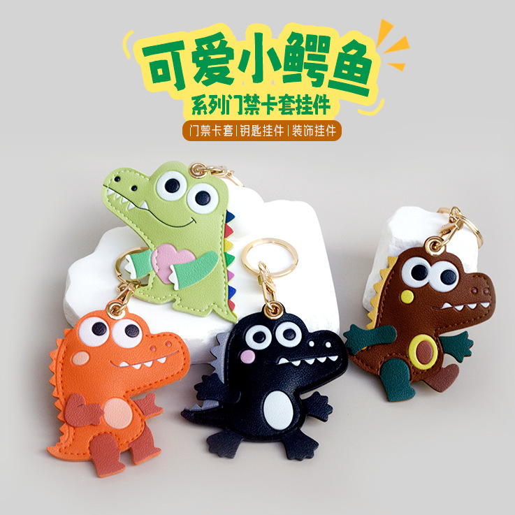 Cute Little Crocodile Leather Keychain Pendant Access Card Protective Cover Tracker Leather Case Creative School Bag Pendant